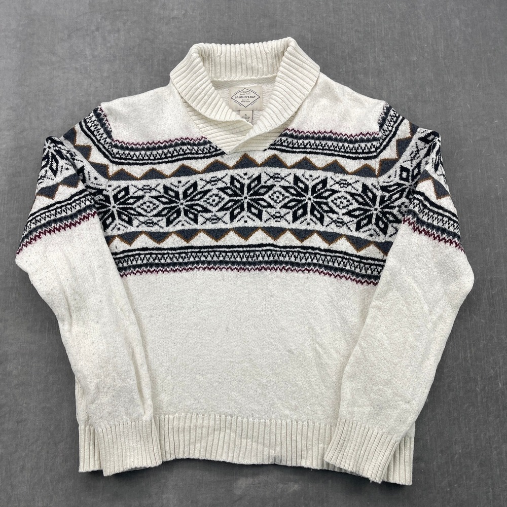 St. Johns Bay‎ Mens X-Large White Isle Shawl Neck Sweater Snowflake Pattern